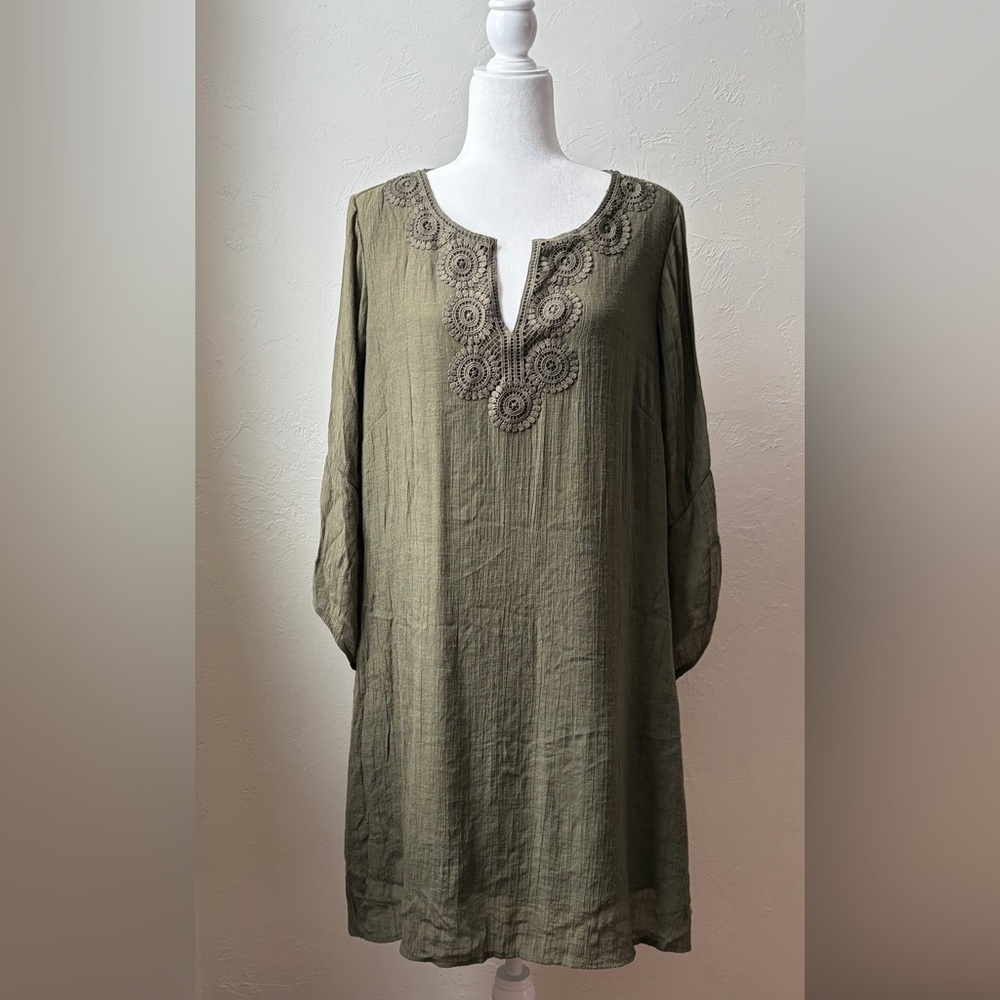 Indigo Rose Olive Green Gauze Tunic Dress Crochet Lace Neckline 2X - Picture 1 of 8